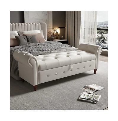 63 Inch Upholstered Storage Bench with Rolled Arms, Tufted Ottoman Large Hidden Compartment-The Pop Home