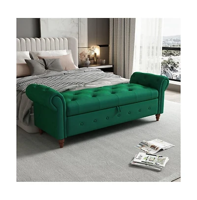 63 Inch Upholstered Storage Bench with Rolled Arms, Tufted Ottoman Large Hidden Compartment-The Pop Home