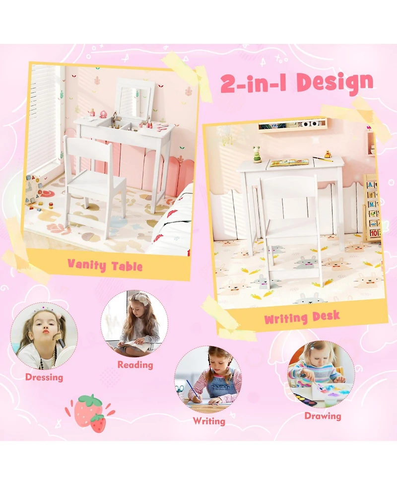 2-in-1 Kids Vanity Makeup Table and Chair Set with Flip-Top Mirror Fun and Stylish Dressing Set for Kids