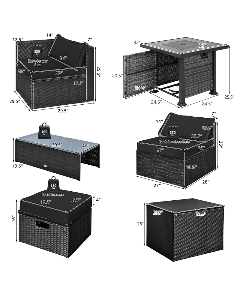 Gymax 9PCS Furniture Set w/ 32'' Fire Pit Table 50,000 Btu Square Propane Fire Pit Patio
