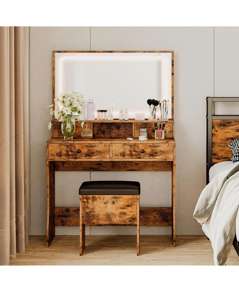 Vanity Desk Set with Led Lighted Mirror & Power Outlet, Makeup Vanity Table with 4 Drawers