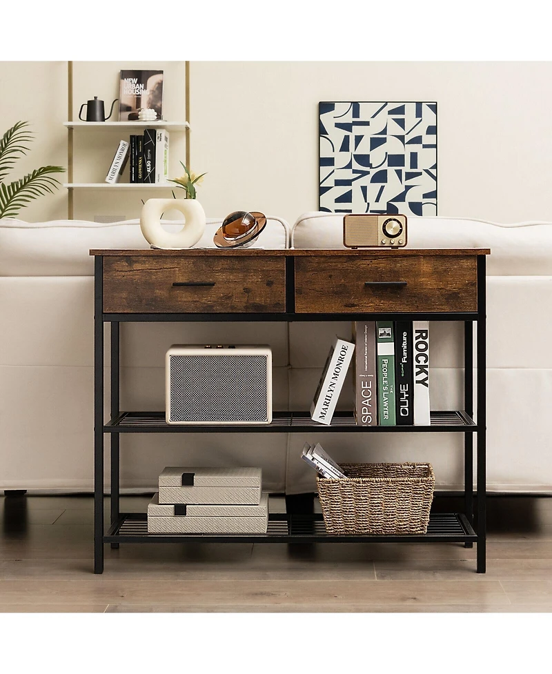 Entryway Table with 2 Drawers and 2-Tier Storage Shelves for Home Organization