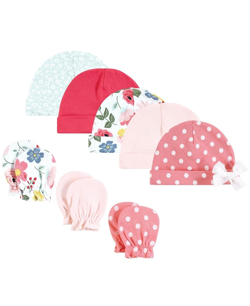 Hudson Baby Baby Girls Hudson Cotton Cap and Scratch Mitten Set, Butterfly Floral, 0-6 Months