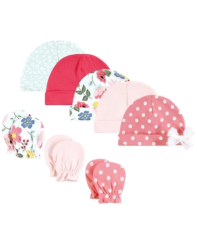 Hudson Baby Baby Girls Hudson Cotton Cap and Scratch Mitten Set, Butterfly Floral, 0-6 Months
