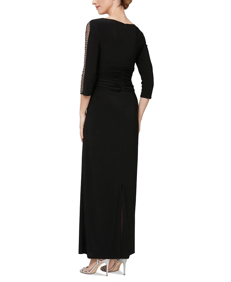 Sl Fashions Women's Beaded-Sleeve Ruched-Waist Gown