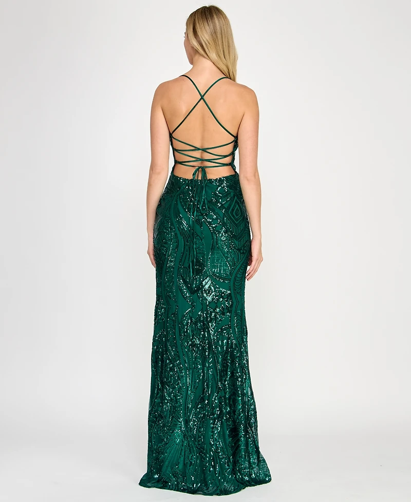 Crystal Doll Juniors' Sequined Lace-Up-Back Gown