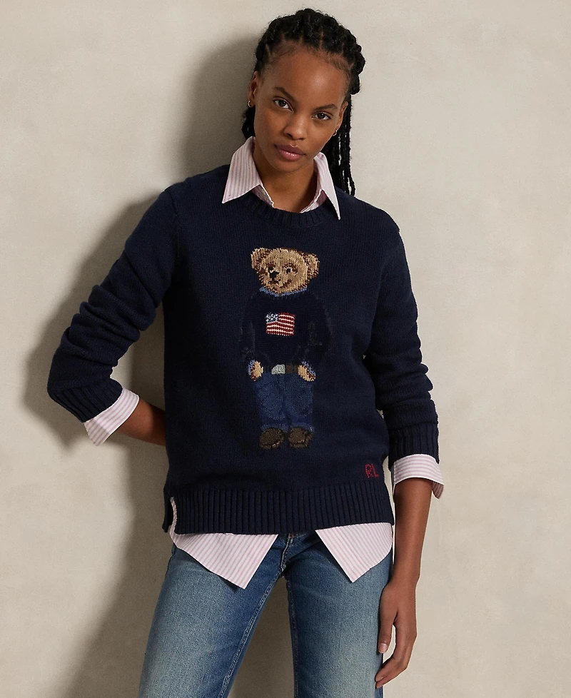 Polo Ralph Lauren Women's Polo Bear Linen-Cotton Crewneck Sweater