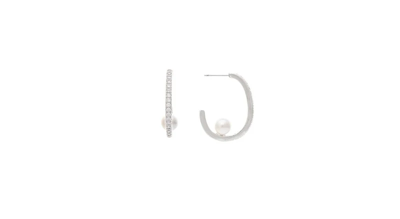 White Rhodium Clad Cz Hoop with Pearl detail
