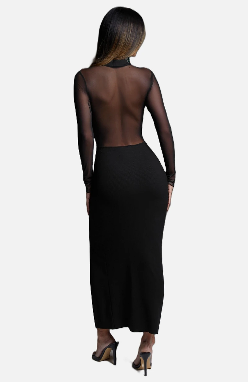 Bebe Women's Rib Mock Neck Maxi Dress with Powermesh