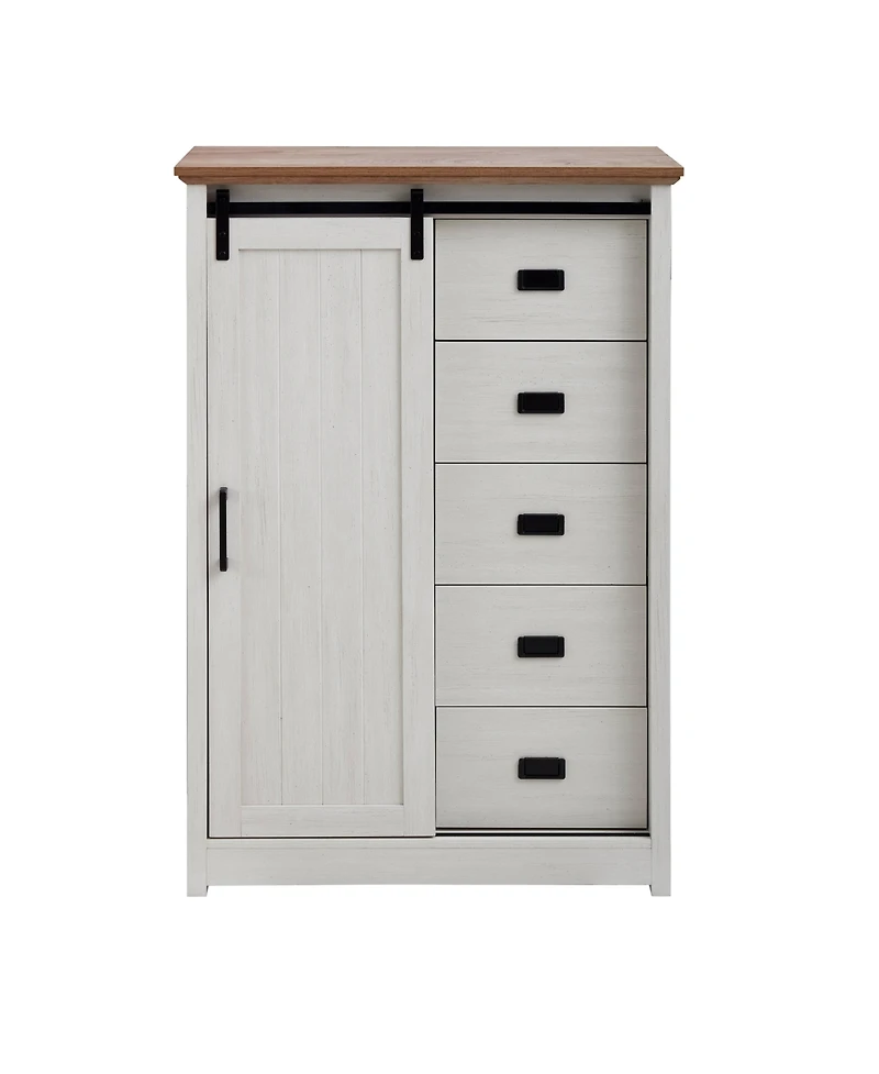 5 Drawers Dresser w/Sliding Barn Door, Farmhouse Modern Tall Chest of