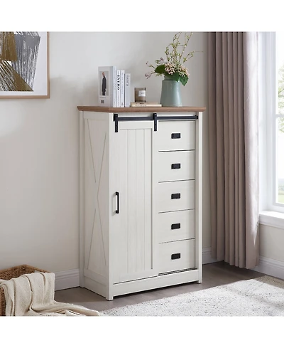 5 Drawers Dresser w/Sliding Barn Door, Farmhouse Modern Tall Chest of