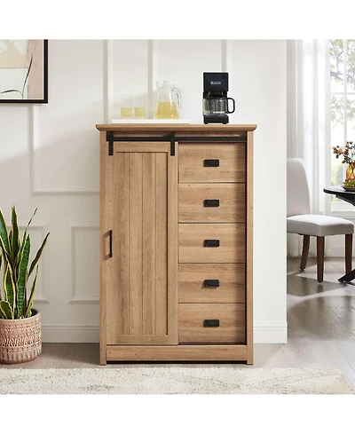 5 Drawers Dresser w/Sliding Barn Door, Farmhouse Modern Tall Chest of