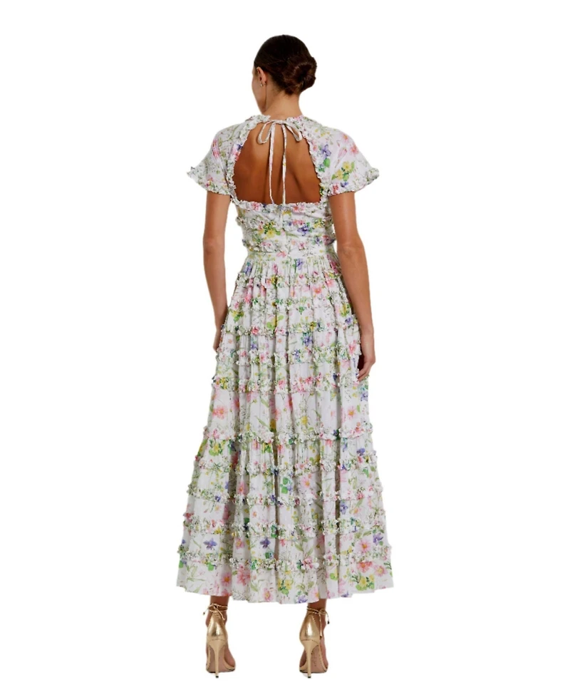 Mac Duggal Women's Cap Sleeve V Neck Open Back Floral Cotton Dress