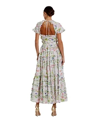 Mac Duggal Women's Cap Sleeve V Neck Open Back Floral Cotton Dress
