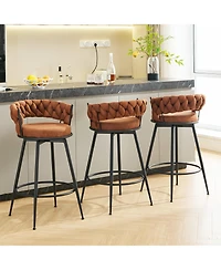 Dyhome 28 inch Bar Stools Set of 3, Modern Counter Height Bar Stools, 360° Swivel Suede Fabric Stool Chairs with Woven Back and Footrest