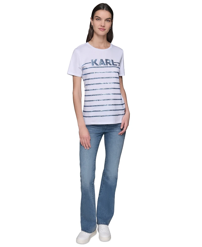 Karl Lagerfeld Paris Women's Embellished Stripe Crewneck Tee