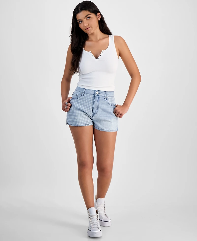 Indigo Rein Juniors' Gingham-Panel Mom Shorts