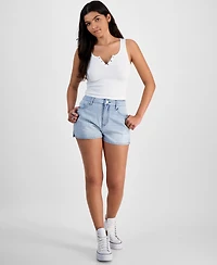 Indigo Rein Juniors' Gingham-Panel Mom Shorts