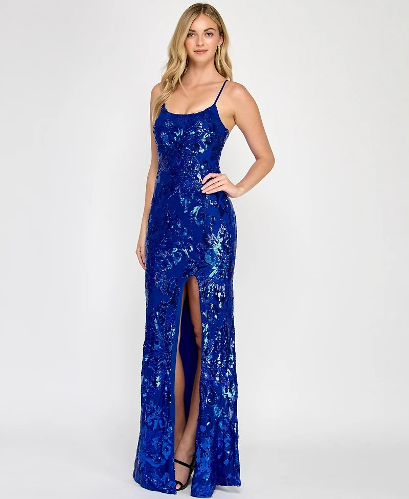Crystal Doll Juniors' Floral Sequined Sleeveless Gown