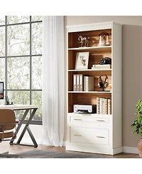 Tribesigns way to origin 2-Drawer Vertical File Cabinet for Letter Size, Modern Black Filing Cabinet with 5-Tier Bookshelf, Large Printer Stand with O