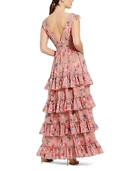 Mac Duggal Women's Drawstring Shoulder Floral Chiffon Tiered Gown
