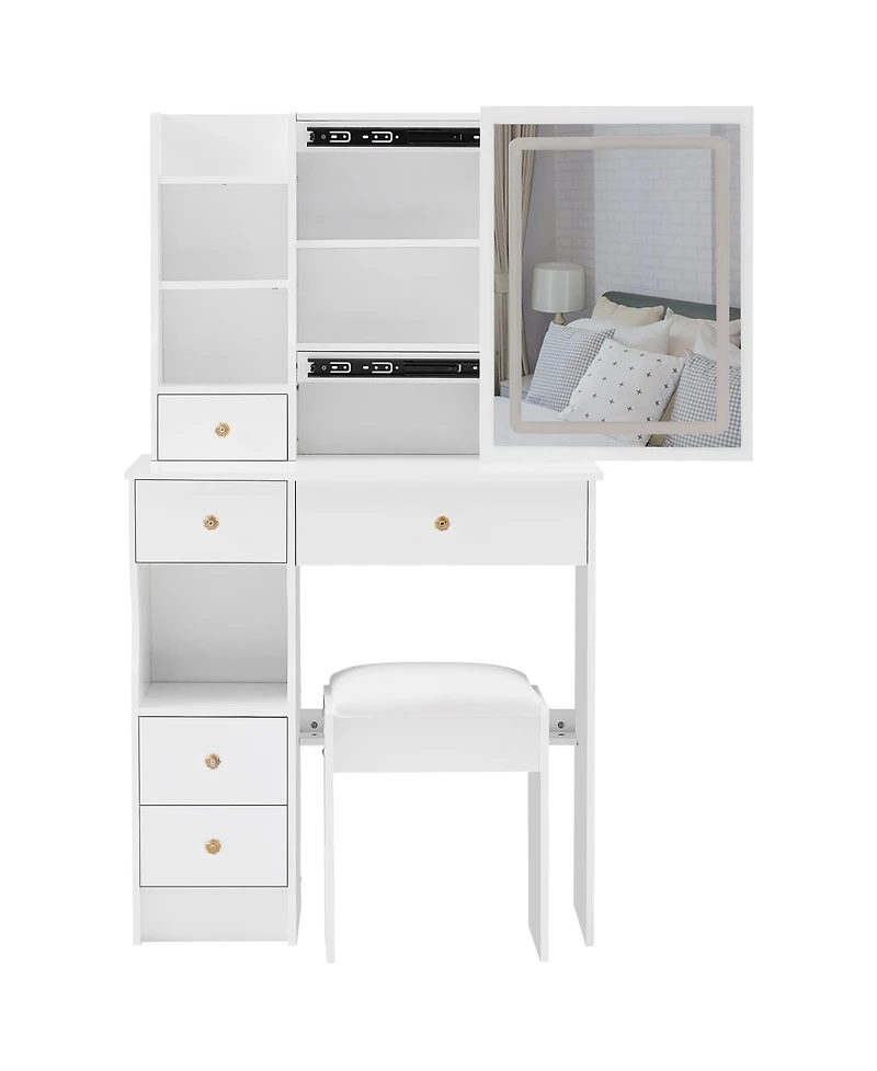 50.40"Small Size Left Drawer Desktop Vanity Table + Cushioned Stool, Touch Control Sliding Led Mirror, Tri-color Switching,White