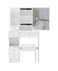 50.40"Small Size Left Drawer Desktop Vanity Table + Cushioned Stool, Touch Control Sliding Led Mirror, Tri-color Switching,White