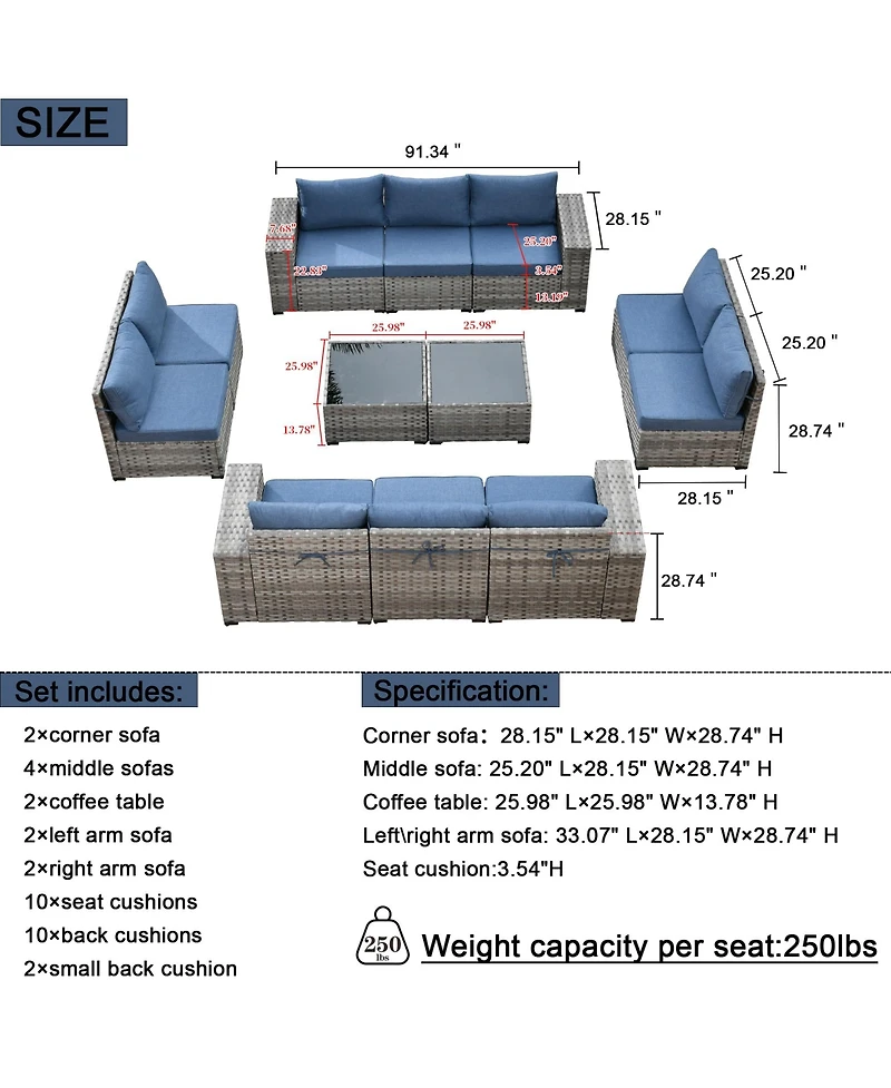 Xizzi Patio Furniture Set,12 Pieces Outdoor Sectional Sofa Couch Set,Patio Conversation Set with Modular Wicker Deep Seat Chairs,Comfy Cushions,Side T