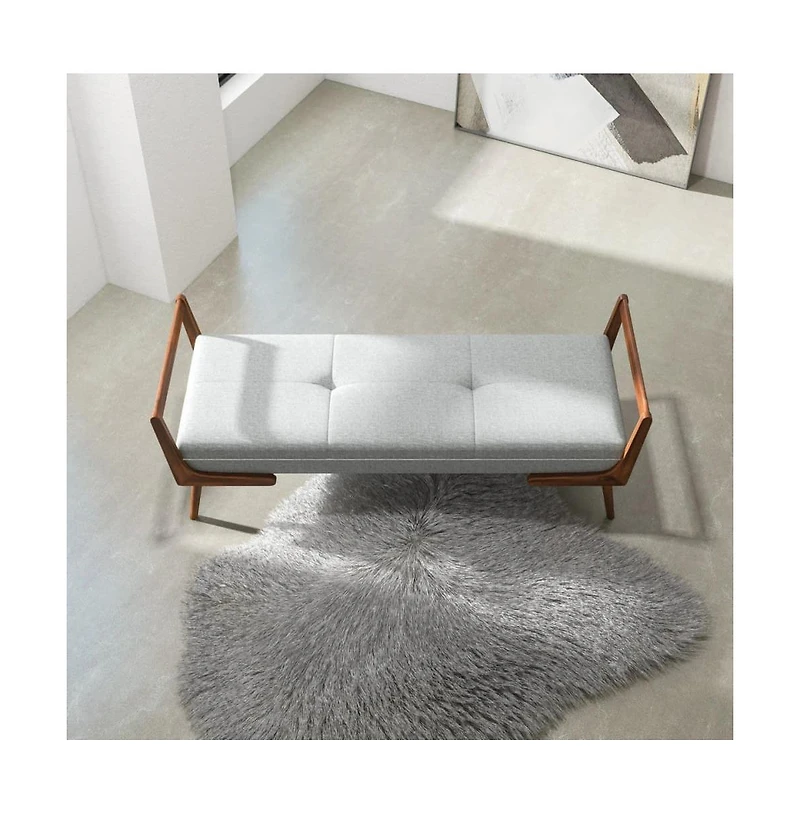 Mid-Century Modern Gray Upholstered Bench, Tufted Fabric Seat with Walnut Wood Frame-The Pop Home