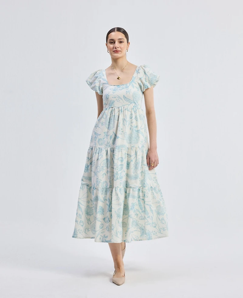 Reistor Women's Puff Sleeve Tiered Midi Dress Blue Florals