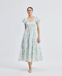 Reistor Women's Puff Sleeve Tiered Midi Dress Blue Florals