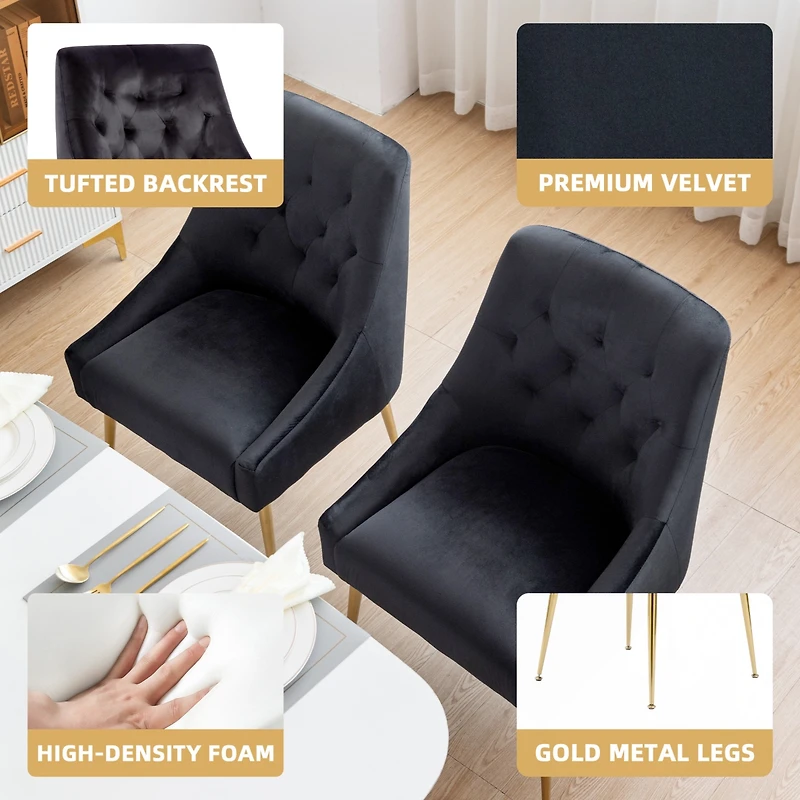 Dyhome Modern Velvet Upholstered Dining Chairs Set of 2, Mid Century Side with 5.12” Cushions and Back Pull Rod for Kitchen, Living Room