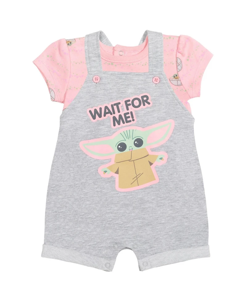 The Mandalorian Baby Girls Star Wars Yoda French Terry Snap Short Overalls T-Shirt and Headband 3 Piece Outfit Set