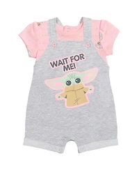 The Mandalorian Baby Girls Star Wars Yoda French Terry Snap Short Overalls T-Shirt and Headband 3 Piece Outfit Set