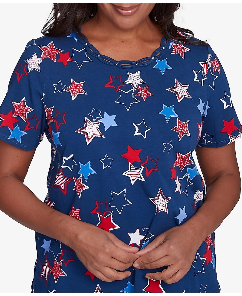 Alfred Dunner Women's Crew Neck Star Studded Top