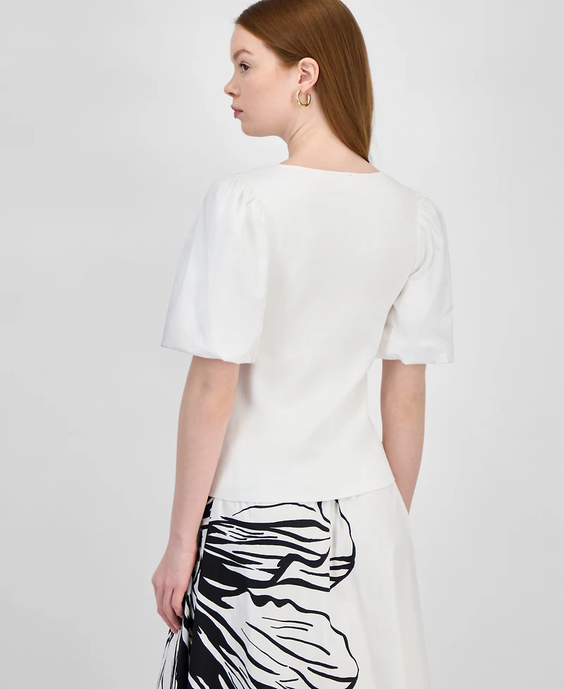 T Tahari Women's Mixed-Media Square-Neck Puff-Sleeve Top