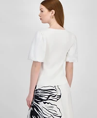 T Tahari Women's Mixed-Media Square-Neck Puff-Sleeve Top
