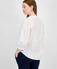 T Tahari Women's Lace-Trim Split-Neck 3/4-Sleeve Top