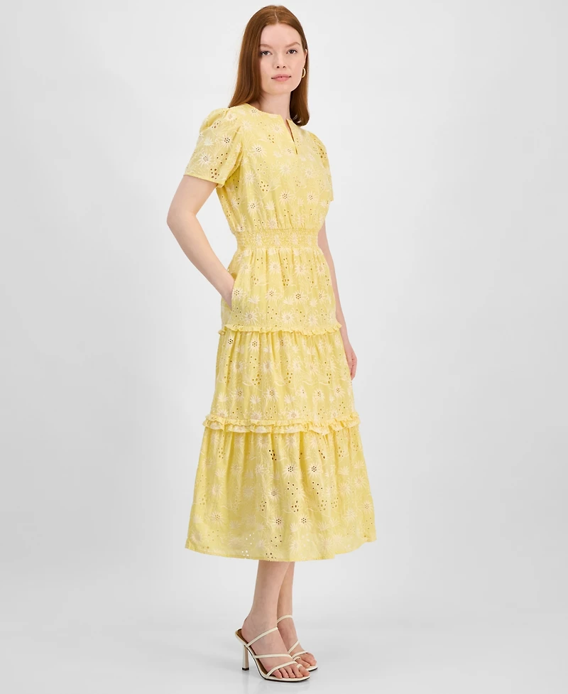 T Tahari Women's Cotton Eyelet Tiered Midi Dress