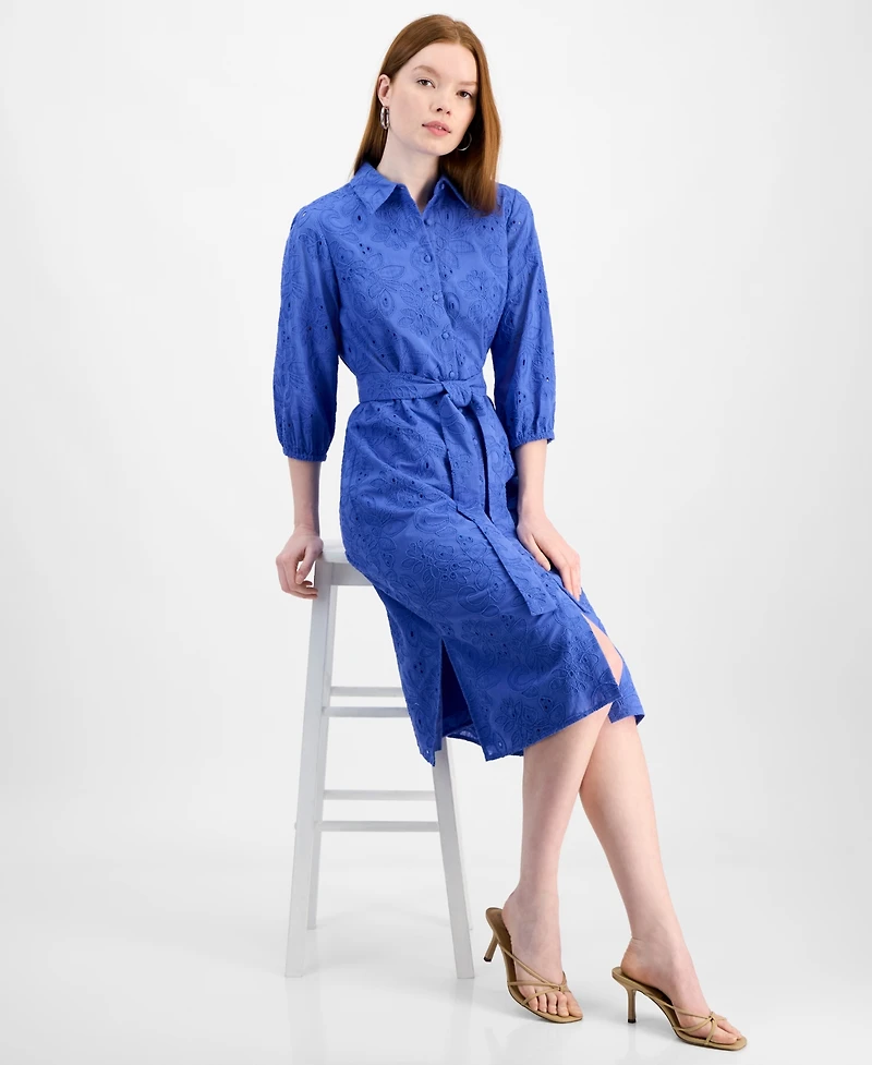 T Tahari Women's Embroidered Eyelet Belted Shirtdress