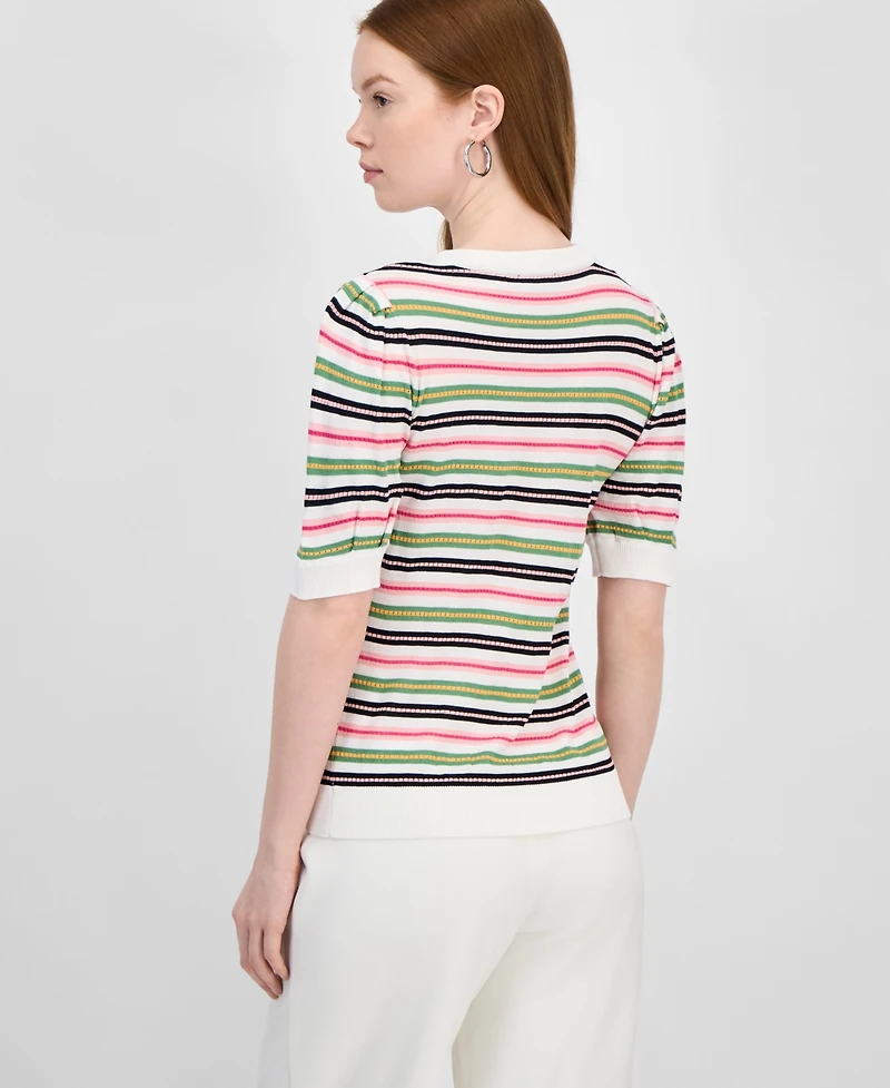 T Tahari Women's Striped Puff-Sleeve Sweater