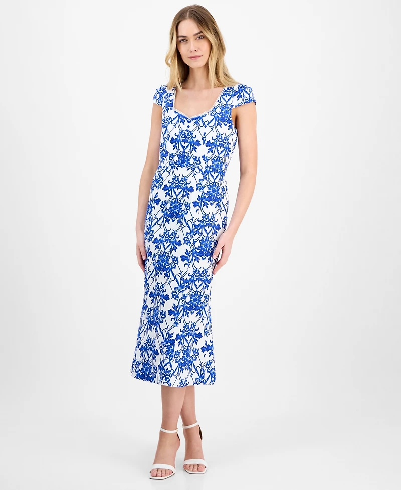 Anne Klein Printed Sweetheart-Neck Short-Sleeve Midi Dress
