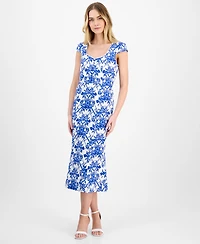 Anne Klein Printed Sweetheart-Neck Short-Sleeve Midi Dress