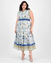 Anne Klein Plus Printed Smocked-Waist Patio Shirtdress