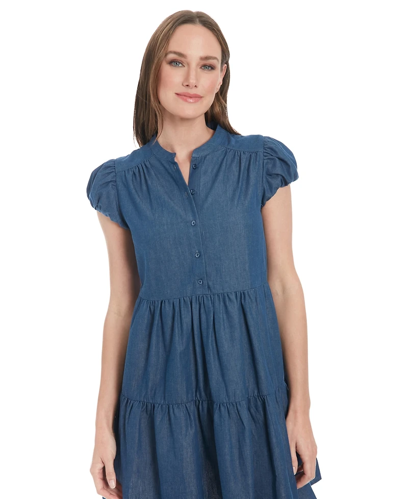 London Times Petite Denim Puff-Sleeve Tiered Dress