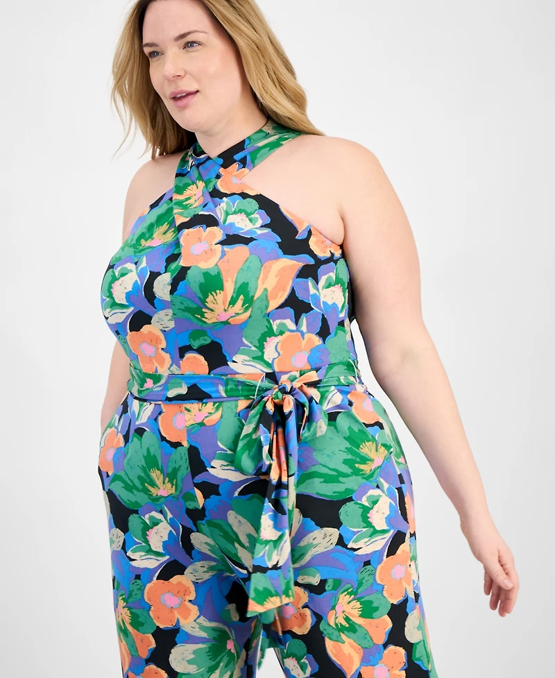 Tahari Plus Twist Halter-Neck Jersey Jumpsuit