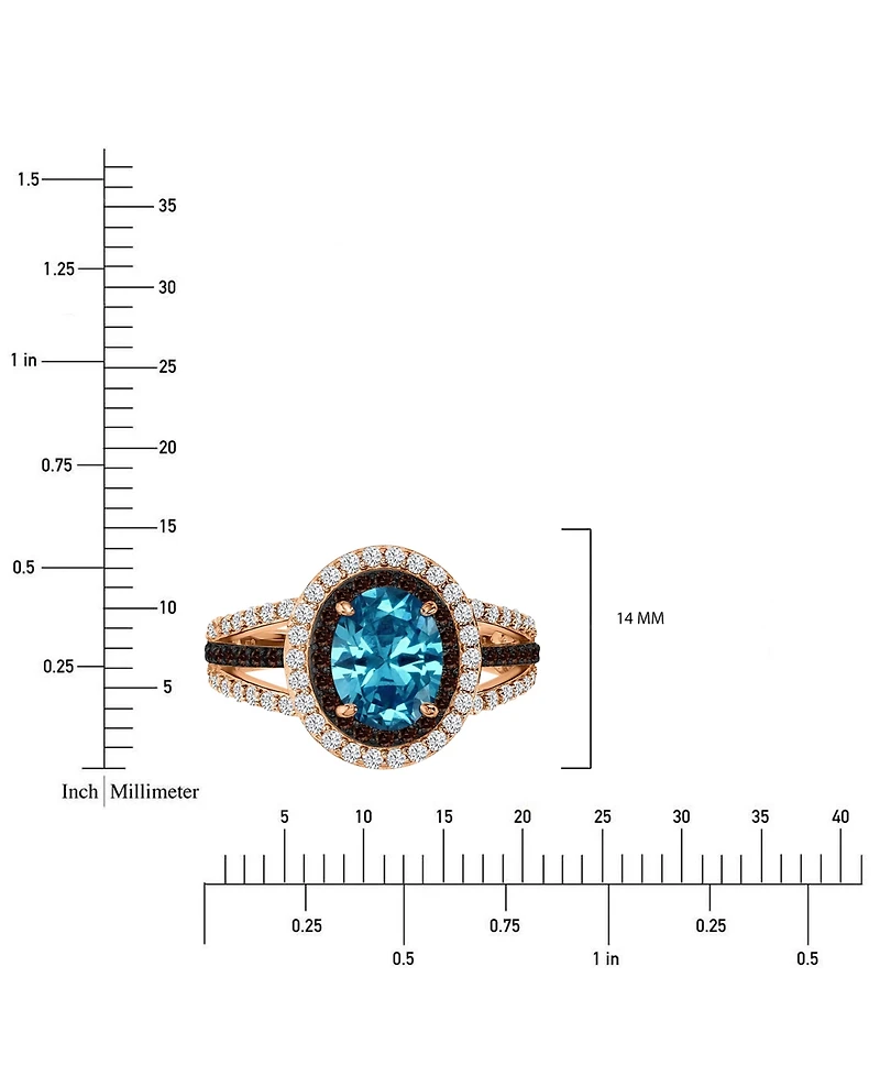 Blue, White, & Black Cubic Zirconia Halo Ring 14k Rose Gold-Plated Sterling Silver