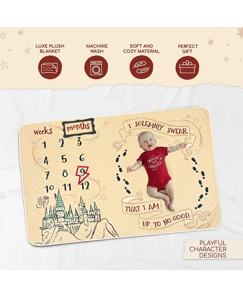 Harry Potter Baby Boys Bodysuit and Monthly Milestone Blanket 4 Piece Newborn