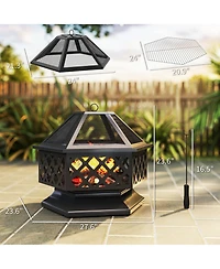 Outsunny 28" Outdoor Fire Pit with Grill Poker Wood Burning Firepit,