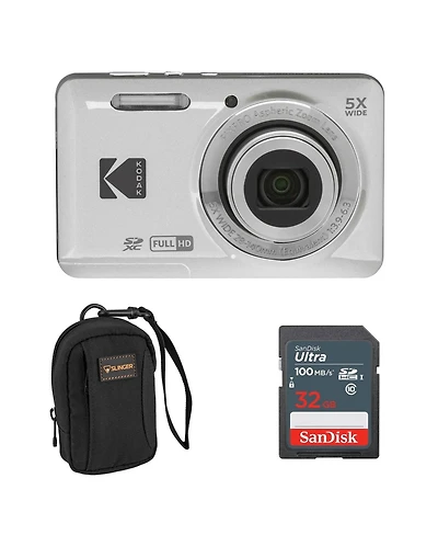 Kodak Pixpro FZ55 Friendly Zoom Digital Camera, Silver, With Sd Card &Camera Bag